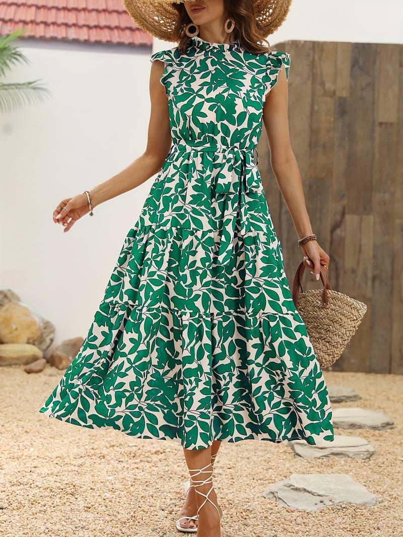 Eleanor - Women's Ruffled Sleeve Leaf Print Summer Dress with Belt