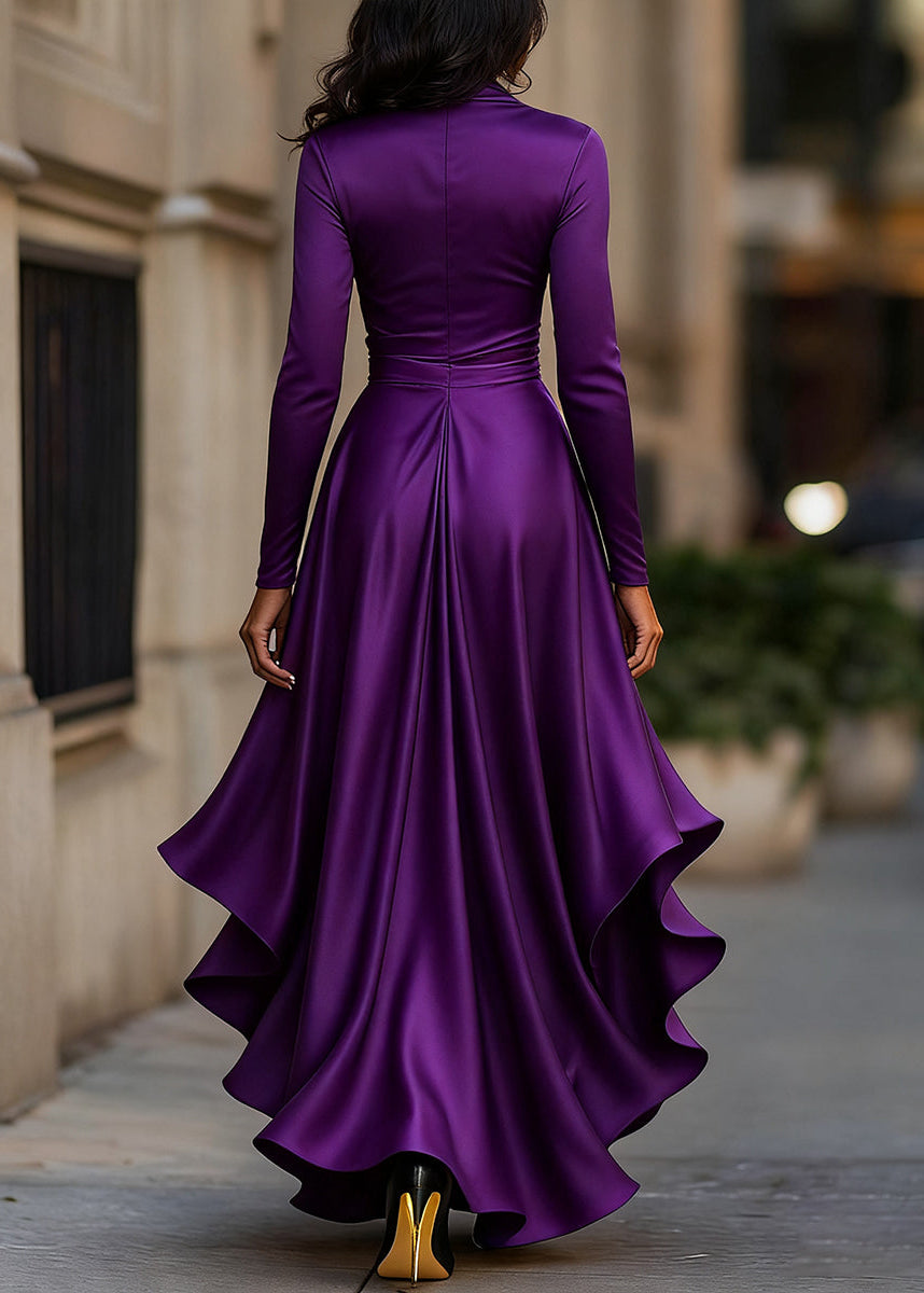 Women's Satin Wrap Dress with Long Sleeves and Asymmetric Hem
