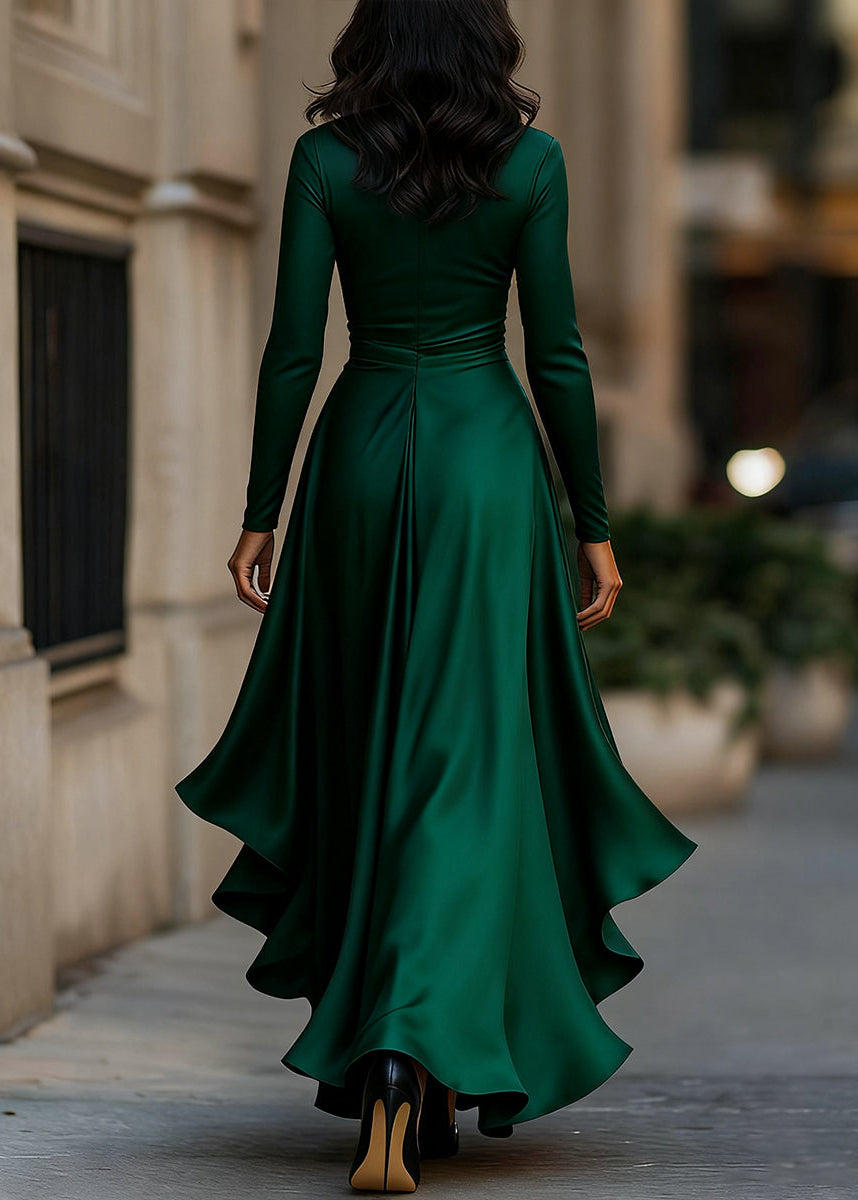 Women's Satin Wrap Dress with Long Sleeves and Asymmetric Hem