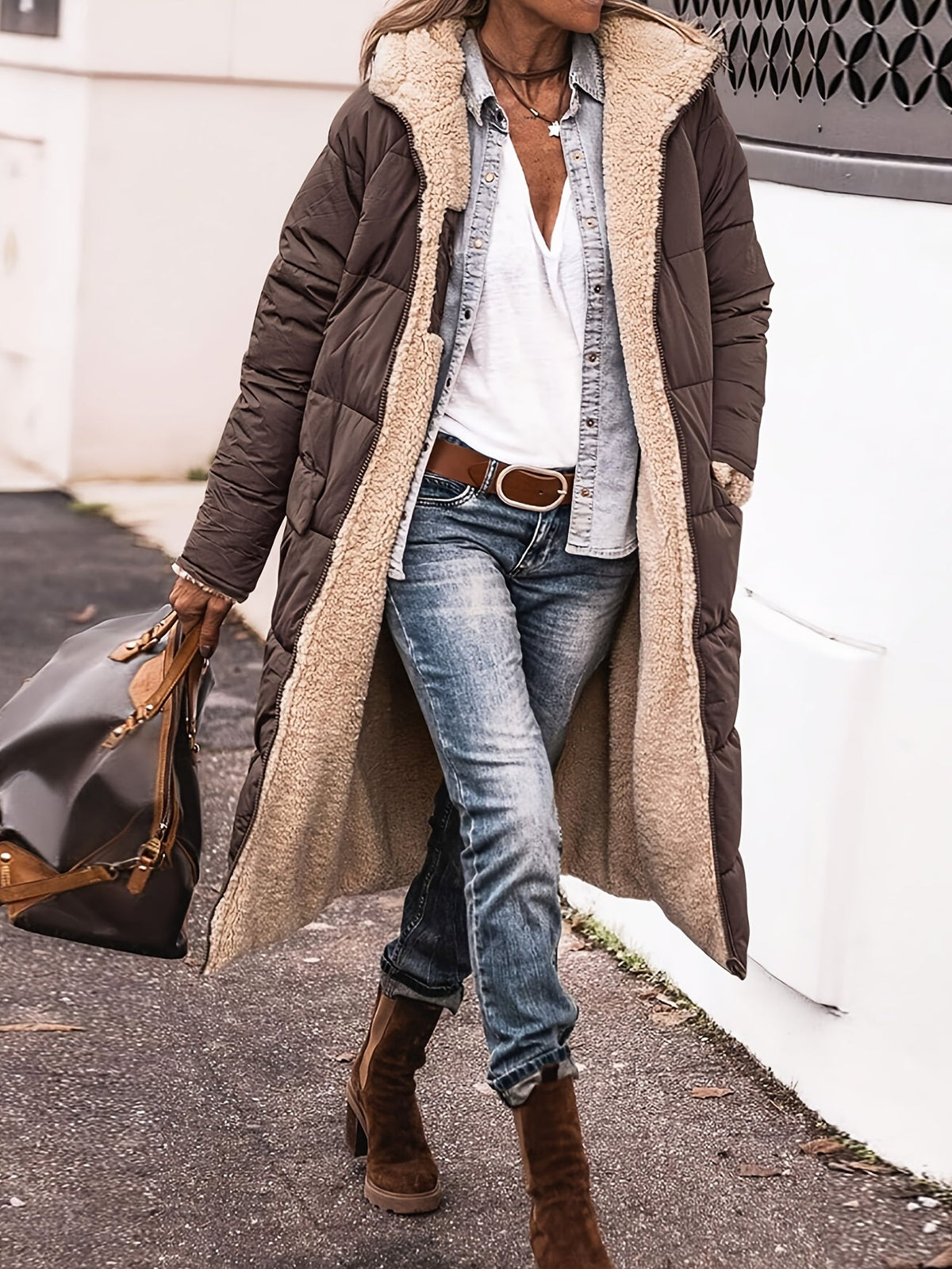 Women's Long Open Coat with Teddy Lining