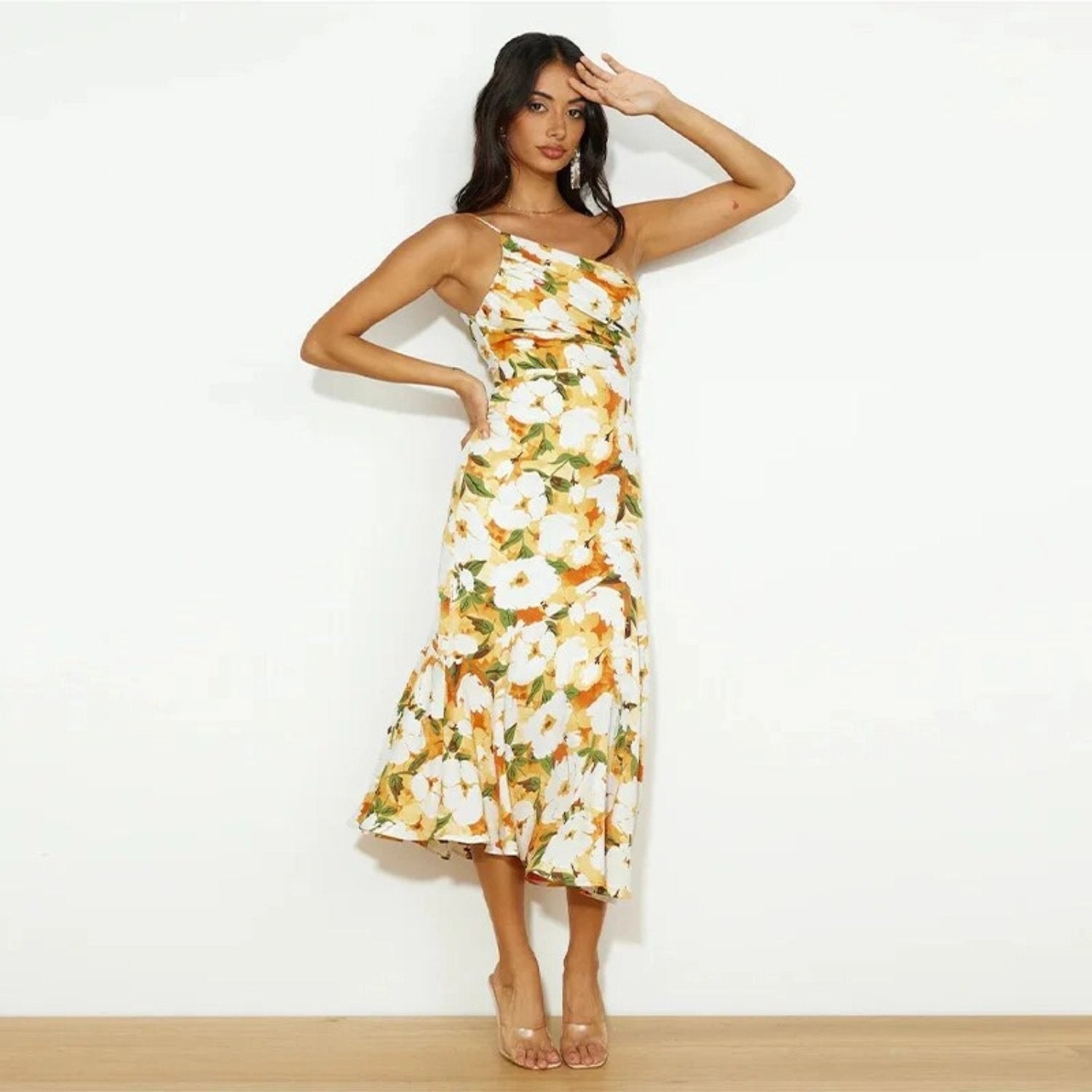 Maira - Abito lungo asimmetrico floreale monospalla da donna