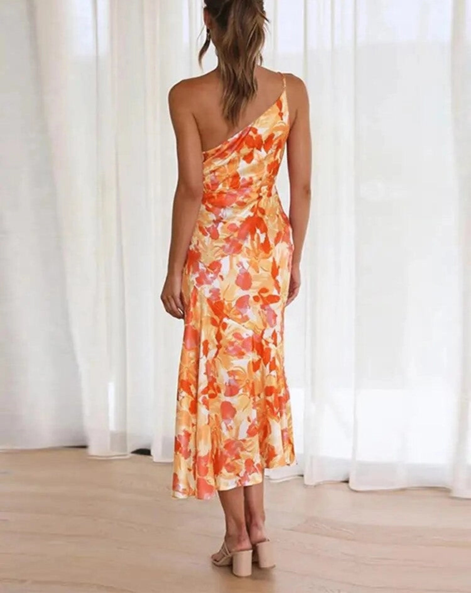 Maira - Abito lungo asimmetrico floreale monospalla da donna