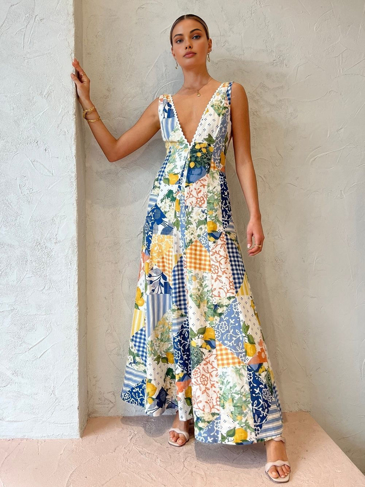 Madeline - Women's Patchwork V-Neck Maxi Dress White Bohemian Charm