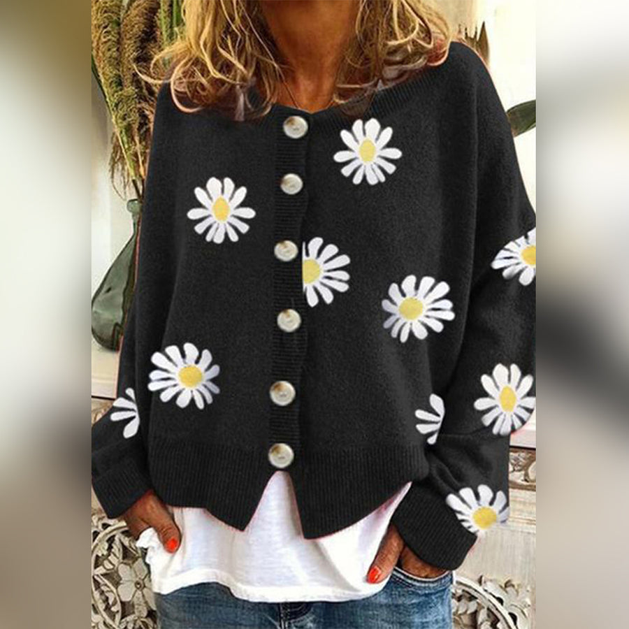 Harlow - Women's Daisy Print Knit Cozy Cardigan