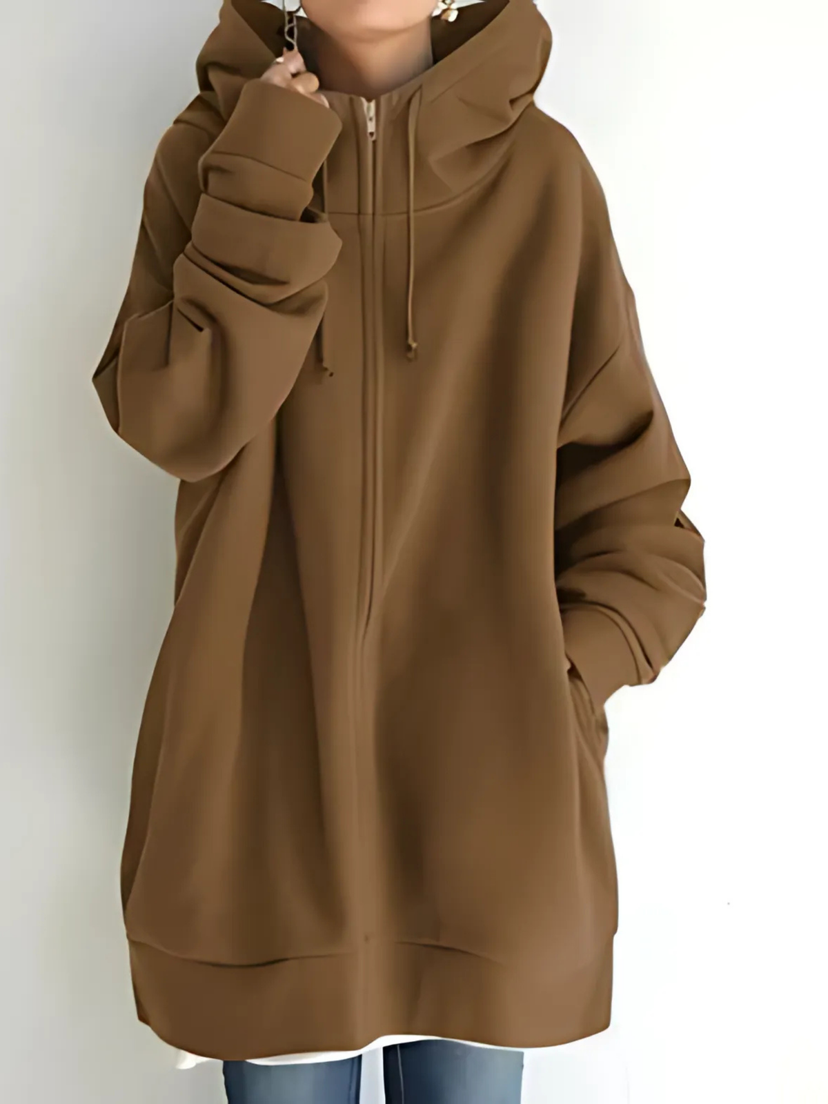Hanne - Women's Hoodie with Side Pockets and Drawstring – Brown