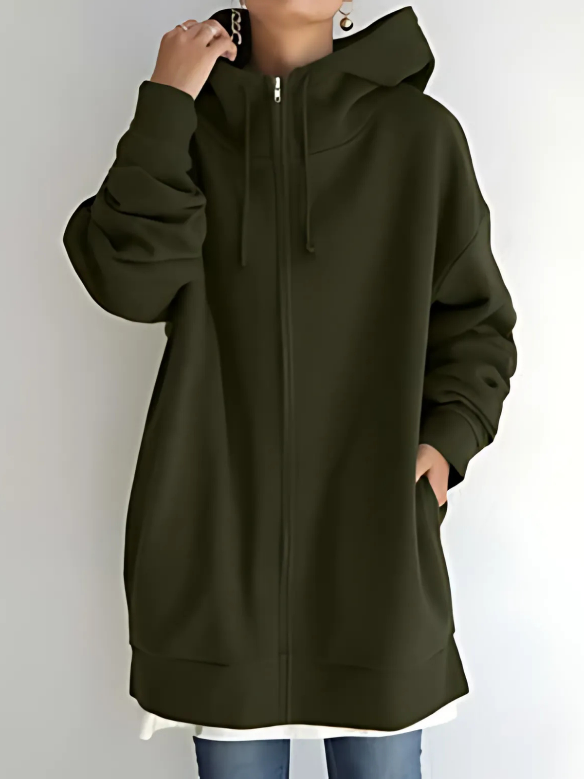 Hanne - Women's Hoodie with Side Pockets and Drawstring – Army Green