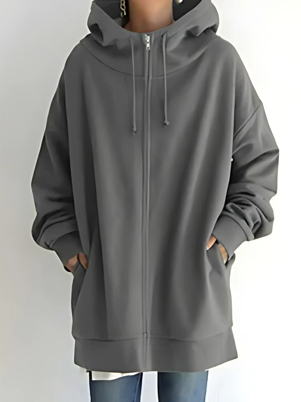 Hanne - Women's Hoodie with Side Pockets and Drawstring – Grey