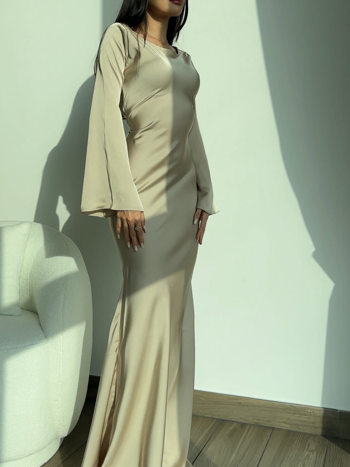 Women's Satin Bodycon Maxi Dress Cowl Neck – Beige