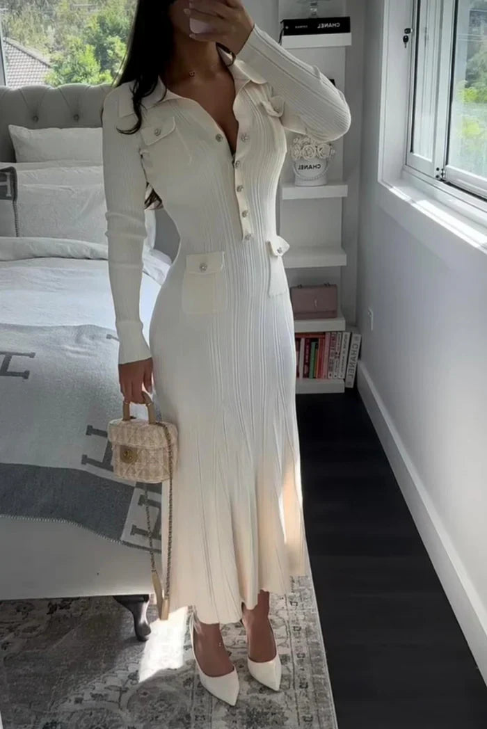 Leilani - Women's Knit Maxi Dress with Gold Button Detailing