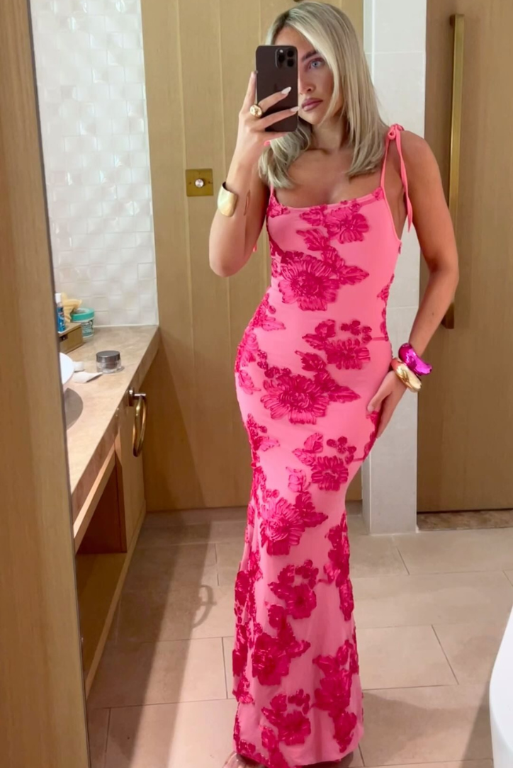 India - Women's Pink Embroidered Maxi Dress with Shoulder Ties