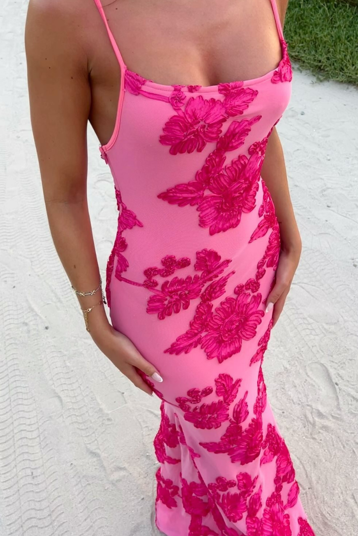 India - Women's Pink Embroidered Maxi Dress with Shoulder Ties