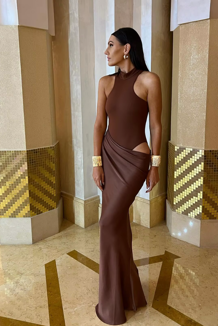 Magnolia - Women's Asymmetrical Maxi Dress with High Neck