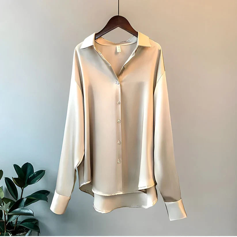 Camicia in raso abbottonata a maniche lunghe in camicetta di seta da donna