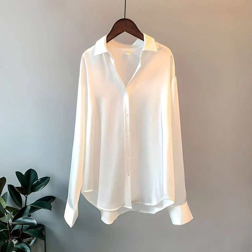 Camicia in raso abbottonata a maniche lunghe in camicetta di seta da donna