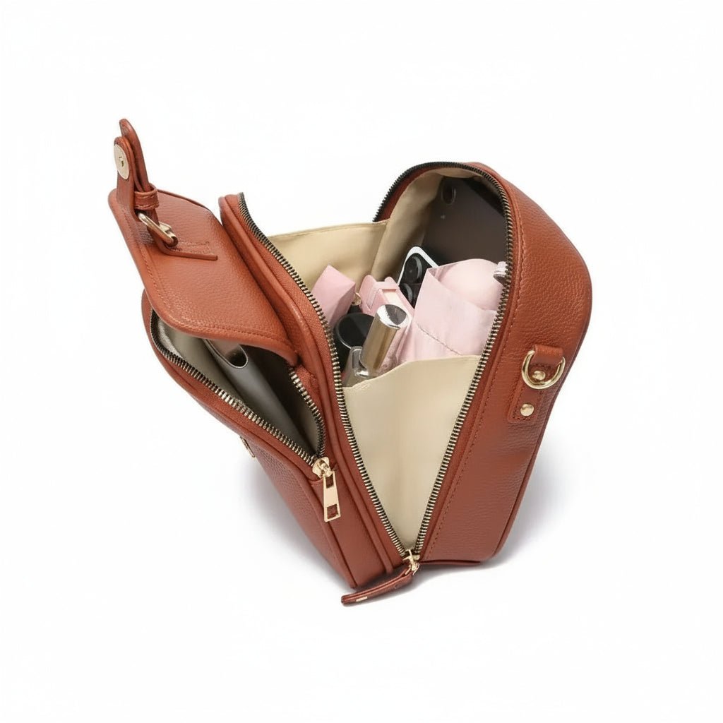 Dámská kompaktní kožená crossbody kabelka se zamykatelnými zipy