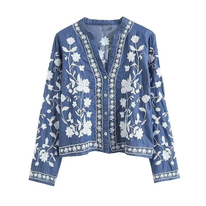 Kelsey - Women's Boho Denim Blouse