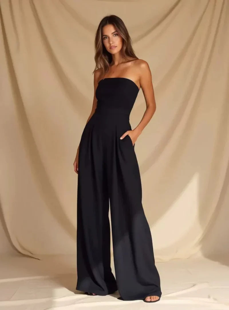 Jumpsuit da donna senza spalline, a gamba larga, con tasche