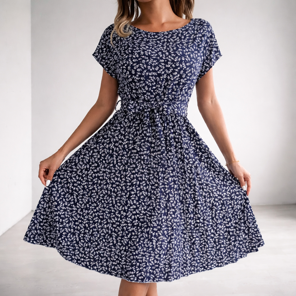 Women's Ditsy Print Pleated Dress with Tie Belt