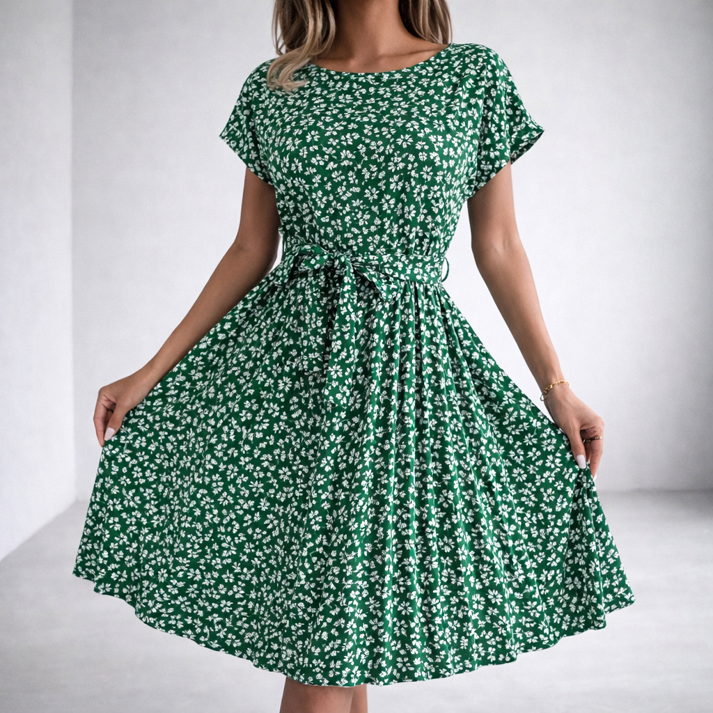 Women's Ditsy Print Pleated Dress with Tie Belt