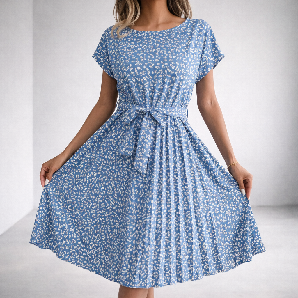 Women's Ditsy Print Pleated Dress with Tie Belt