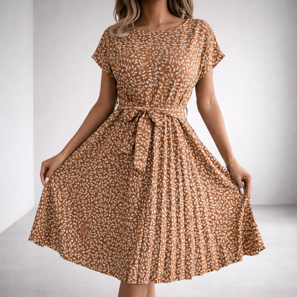 Women's Ditsy Print Pleated Dress with Tie Belt