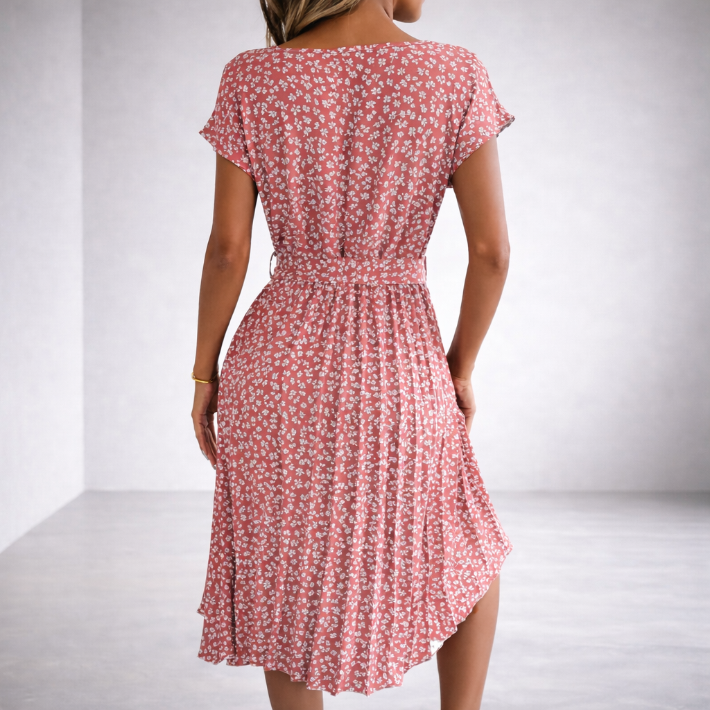 Women's Ditsy Print Pleated Dress with Tie Belt