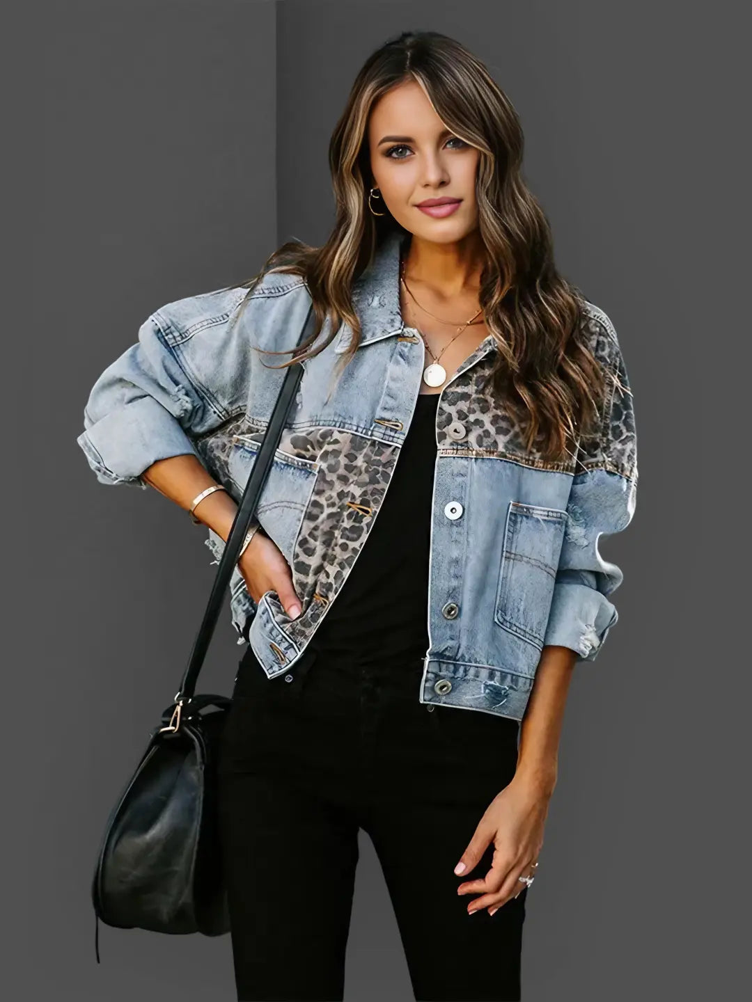 Shirley - Women's Leopard Accent Denim Jacket Bold and Stylish