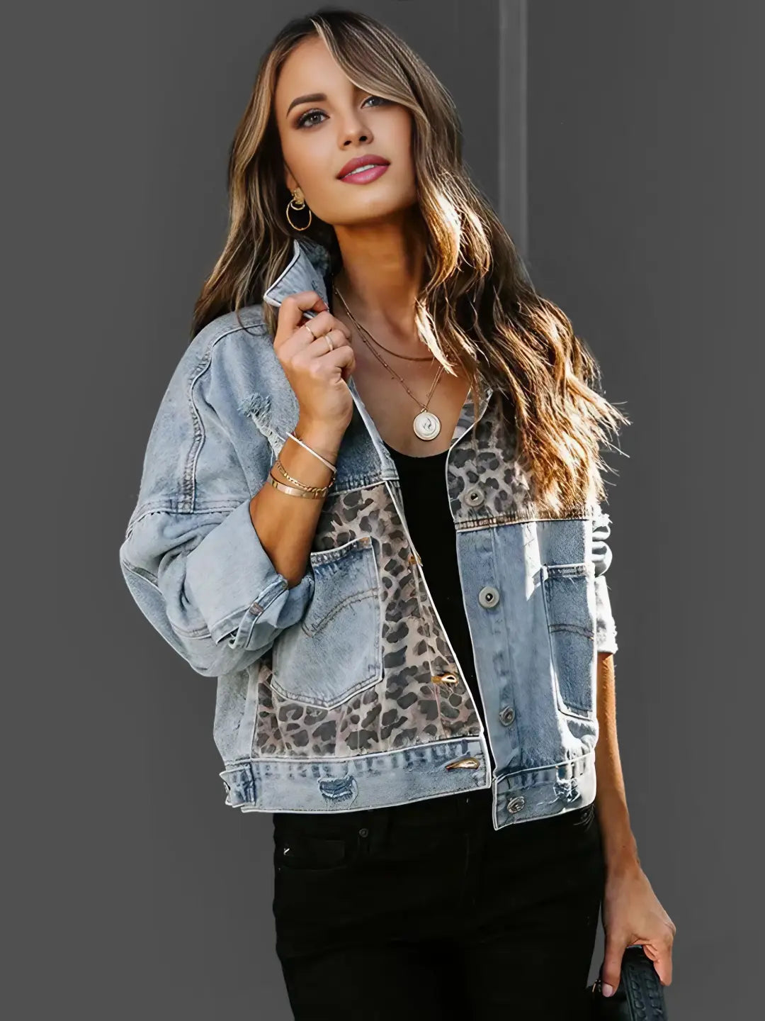 Shirley - Women's Leopard Accent Denim Jacket Bold and Stylish