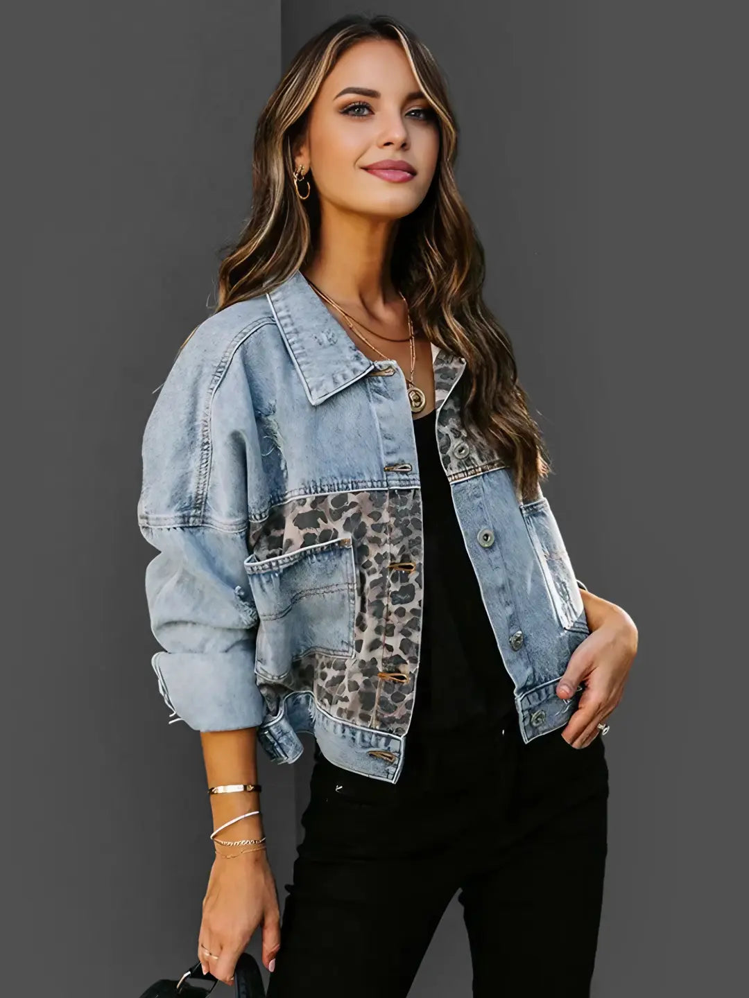 Shirley - Women's Leopard Accent Denim Jacket Bold and Stylish