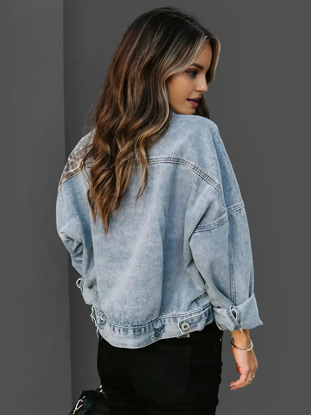 Shirley - Women's Leopard Accent Denim Jacket Bold and Stylish