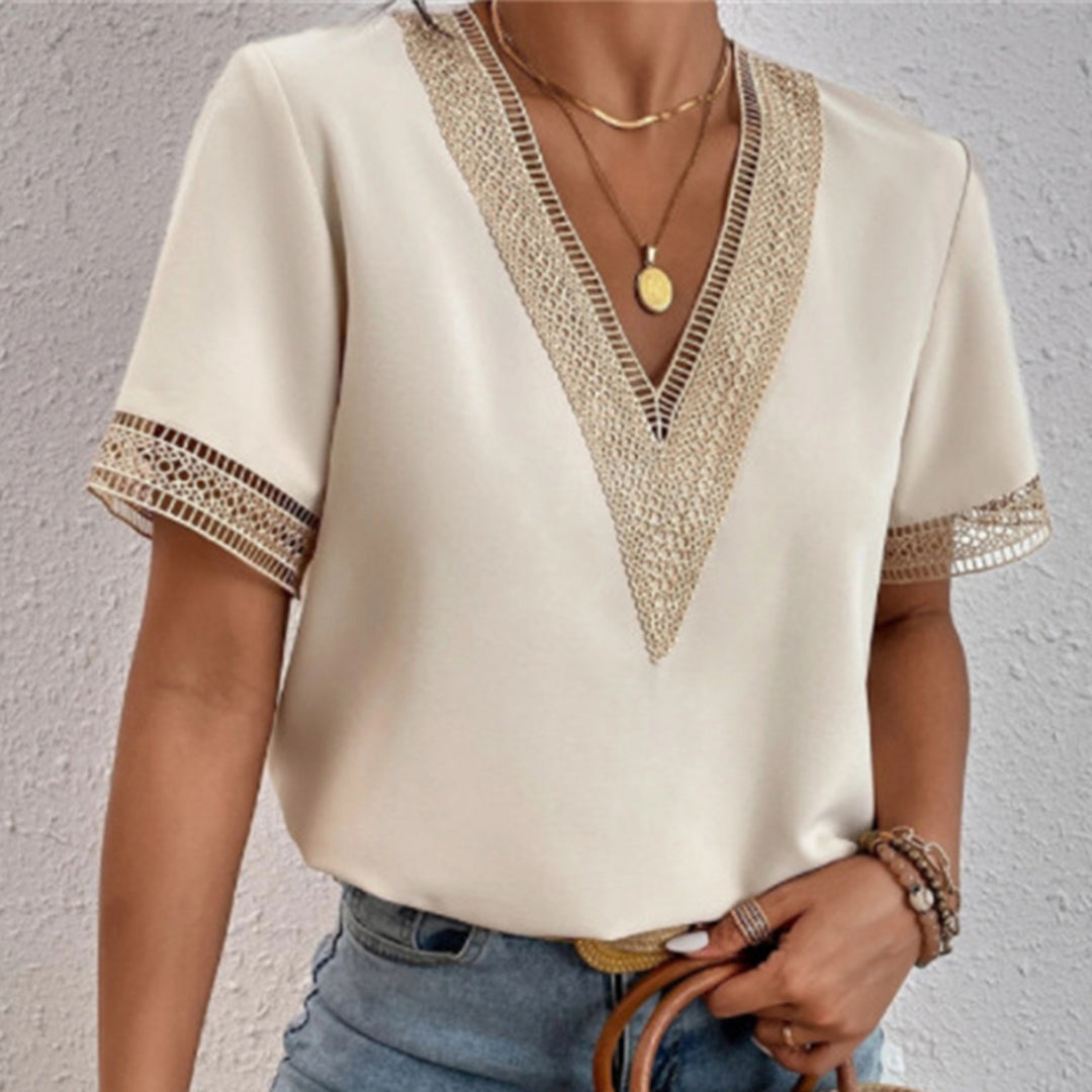 Charlotte - Women's Crochet Trim V-Neck Blouse