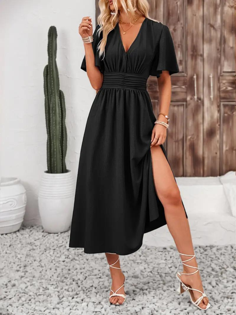 Arielle - Women's Long Dress Short Sleeve V-Neck Maxi Sundress