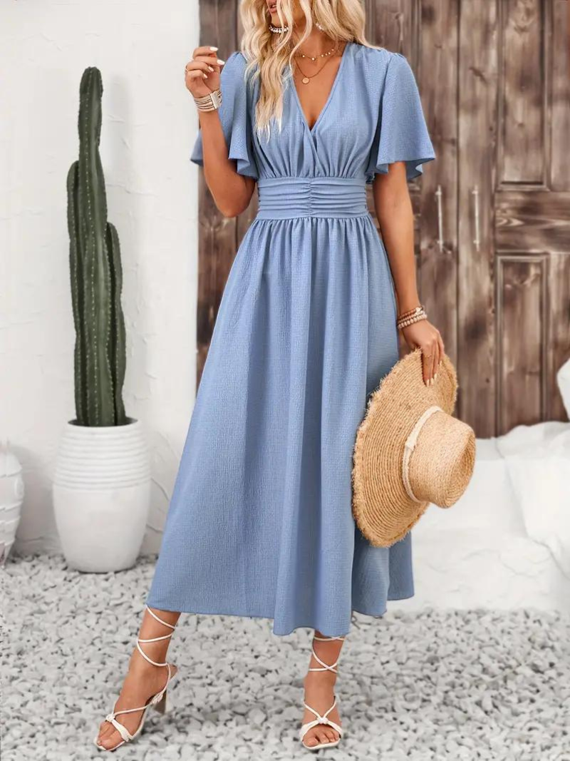 Arielle - Women's Long Dress Short Sleeve V-Neck Maxi Sundress
