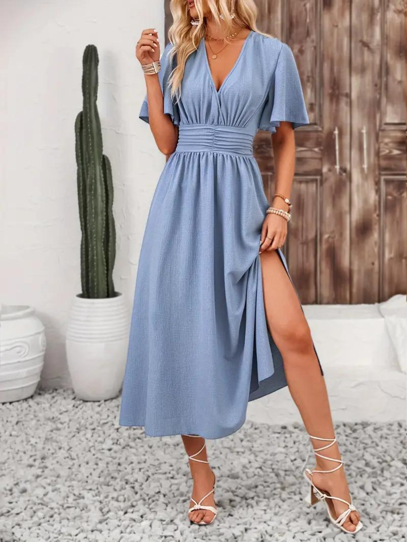 Arielle - Women's Long Dress Short Sleeve V-Neck Maxi Sundress