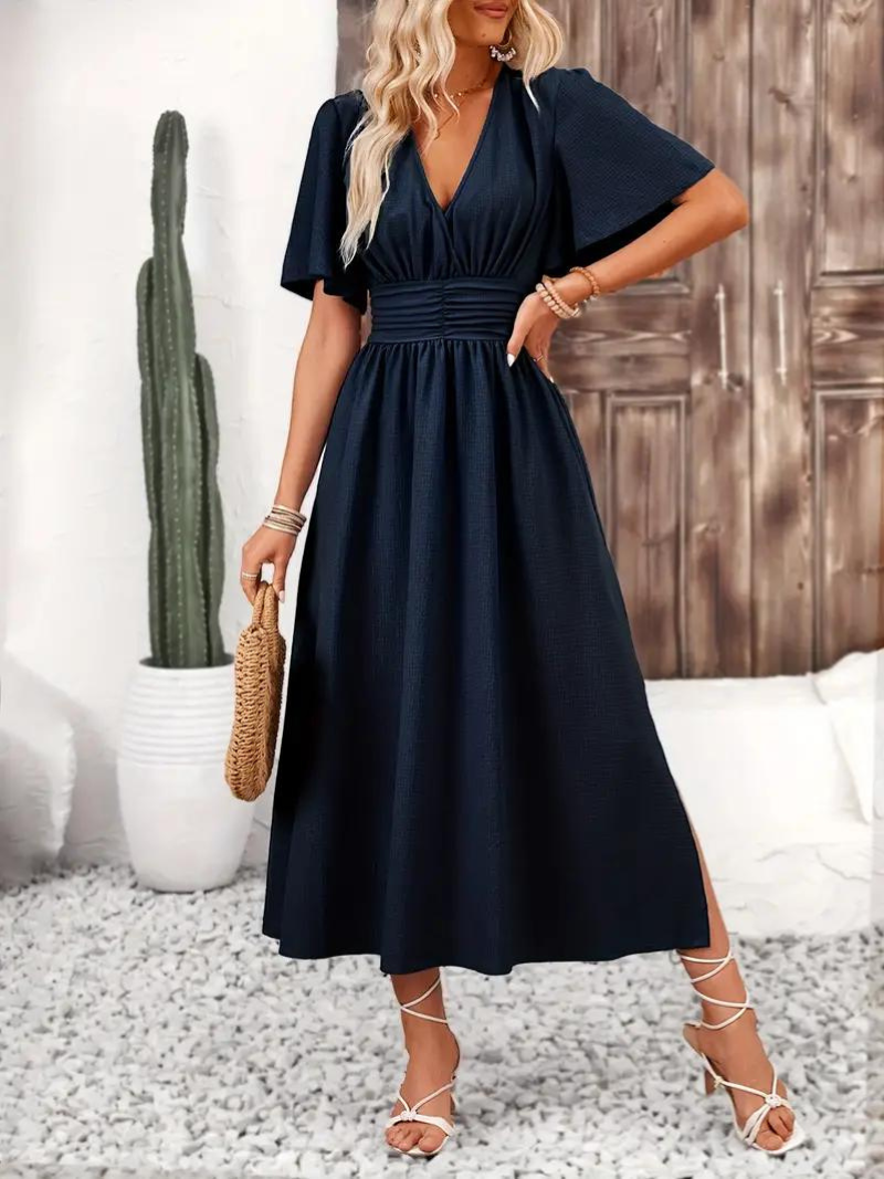 Arielle - Women's Long Dress Short Sleeve V-Neck Maxi Sundress