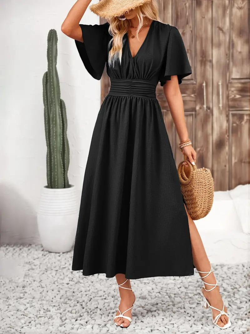 Arielle - Women's Long Dress Short Sleeve V-Neck Maxi Sundress