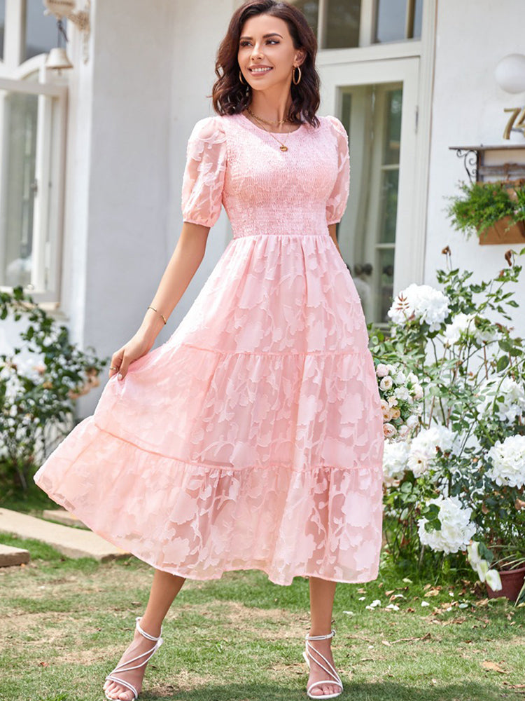 Elly - Women's Smocked Bodice Midi Dress with Puff Sleeves and Tiered Skirt - photo 12