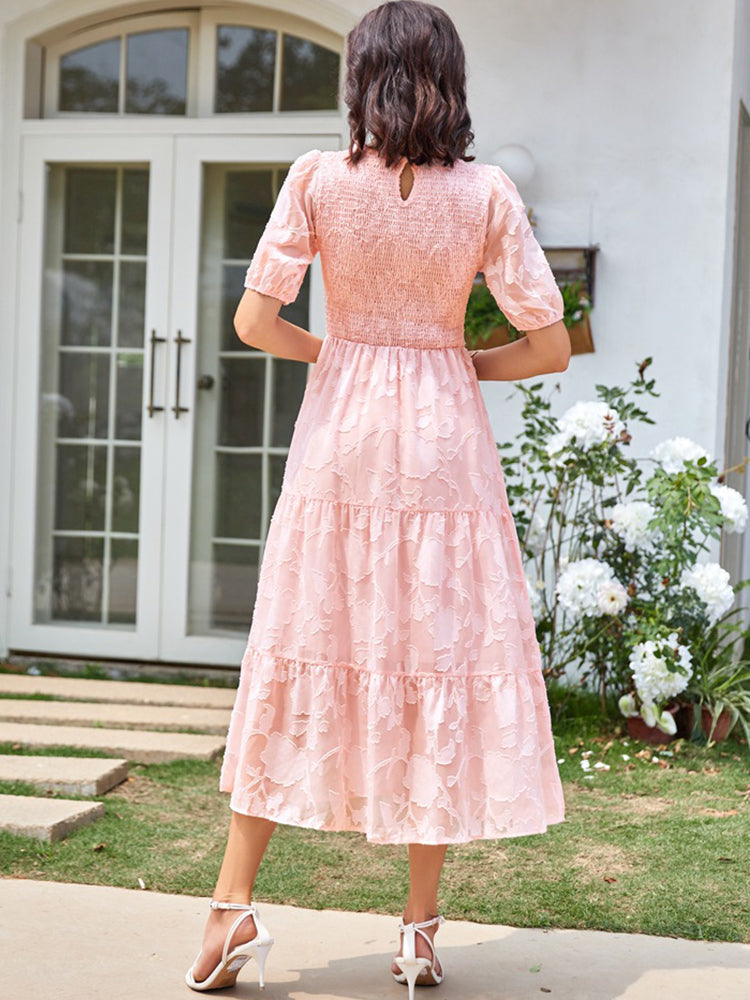 Elly - Women's Smocked Bodice Midi Dress with Puff Sleeves and Tiered Skirt - photo 13