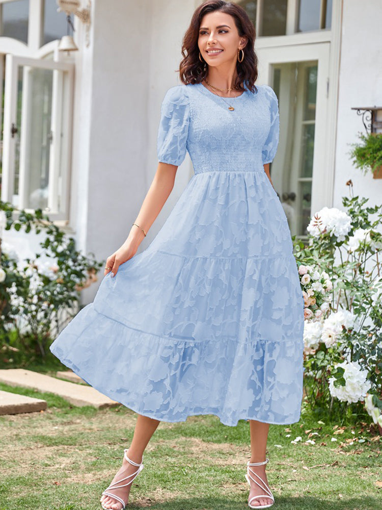 Elly - Women's Smocked Bodice Midi Dress with Puff Sleeves and Tiered Skirt
