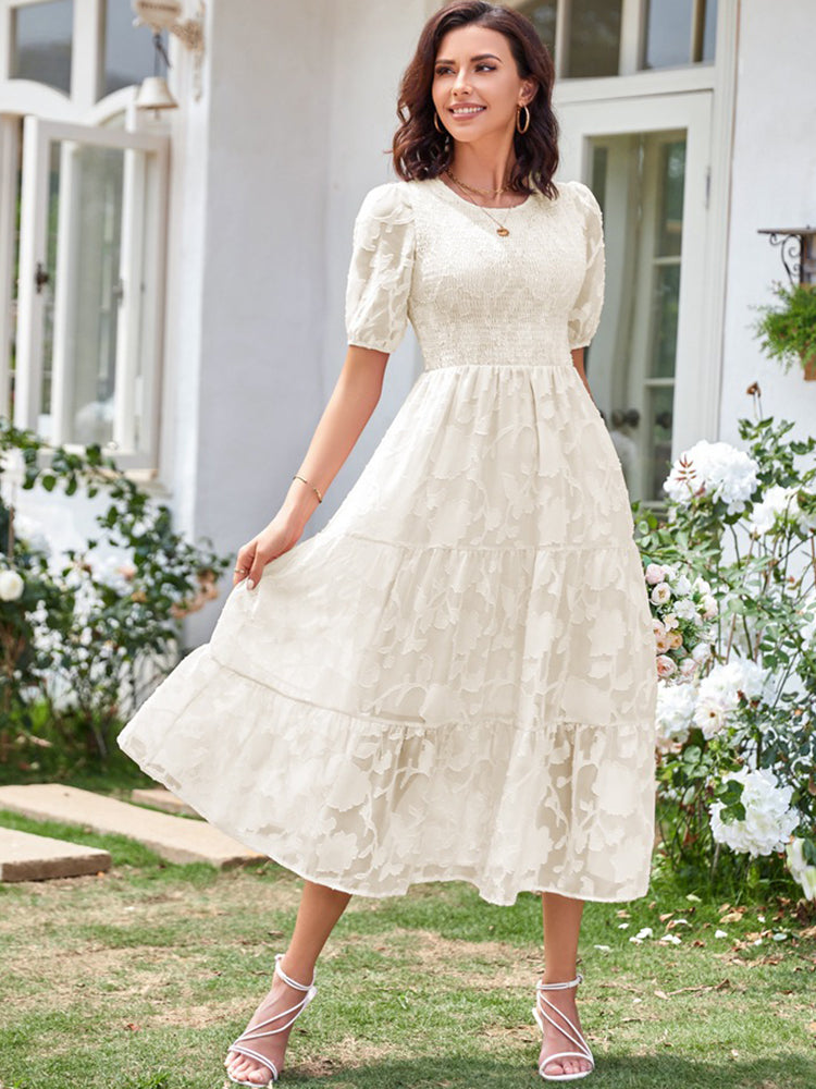 Elly - Women's Smocked Bodice Midi Dress with Puff Sleeves and Tiered Skirt
