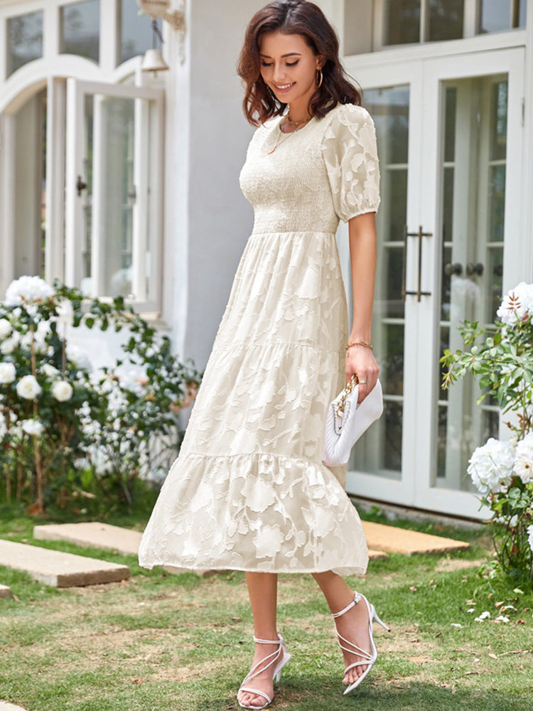 Elly - Women's Smocked Bodice Midi Dress with Puff Sleeves and Tiered Skirt - photo 15
