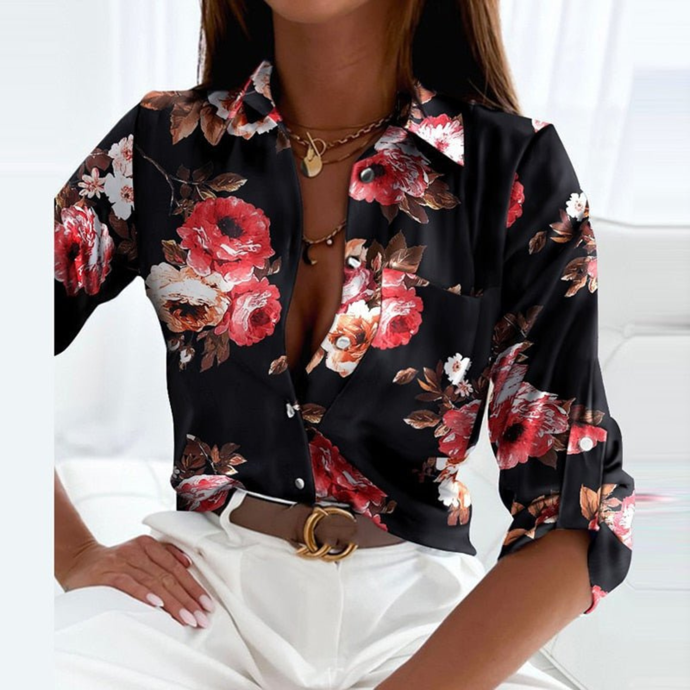 Women's satin print blouse in black floral