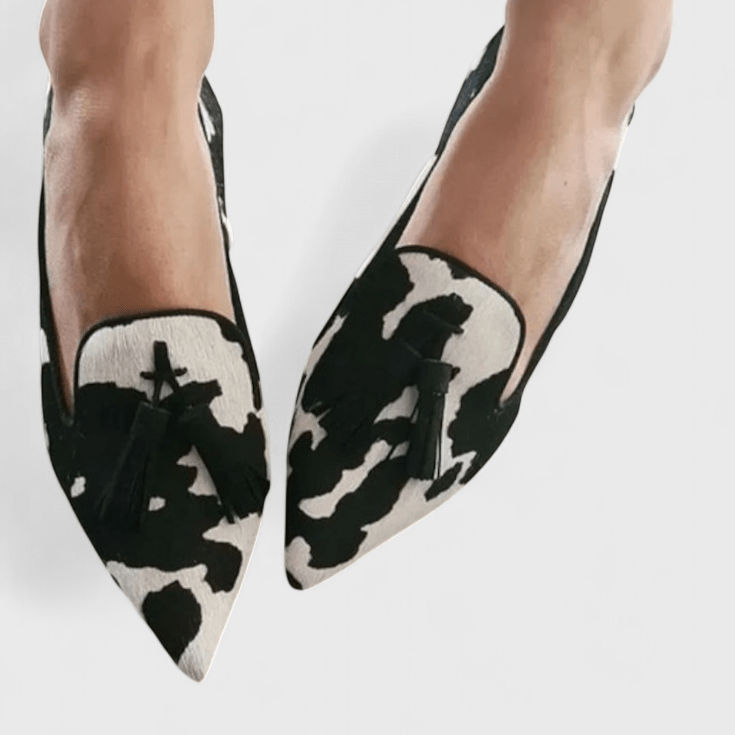 Women's Cow Print Loafers with Pointed Toe and Tassels