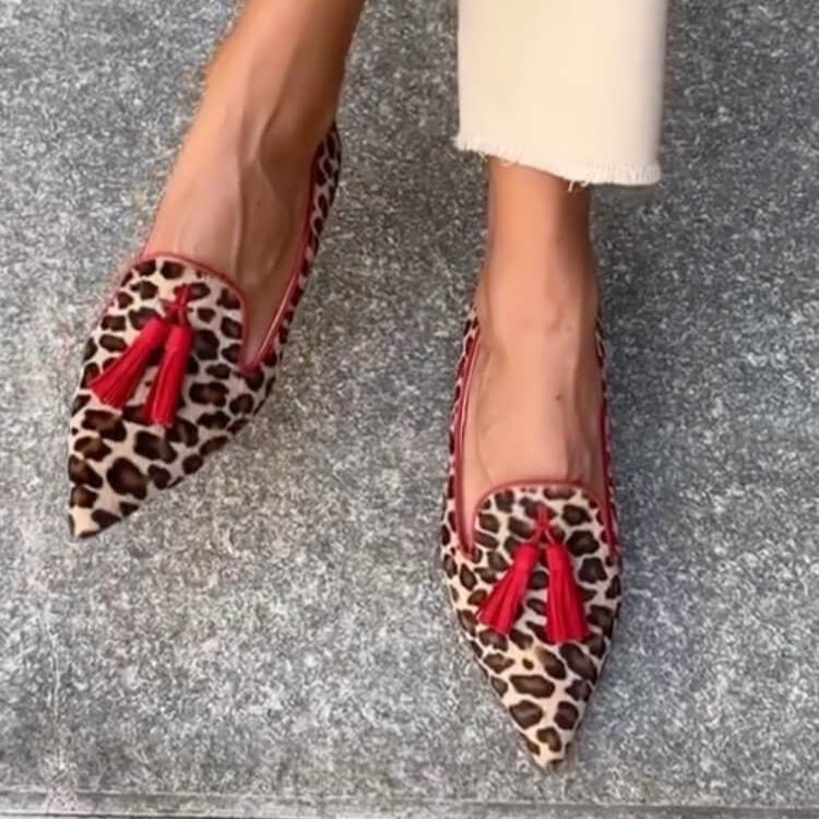 Women's Cow Print Loafers with Pointed Toe and Tassels