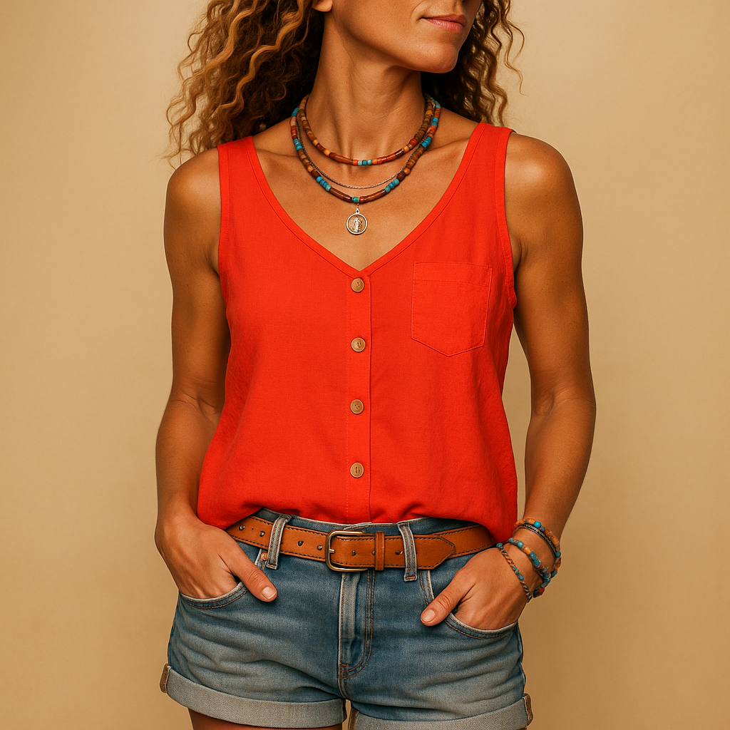 Mouwloze Top Dames | Luchtige V-Hals & Zomers Knoopdetail