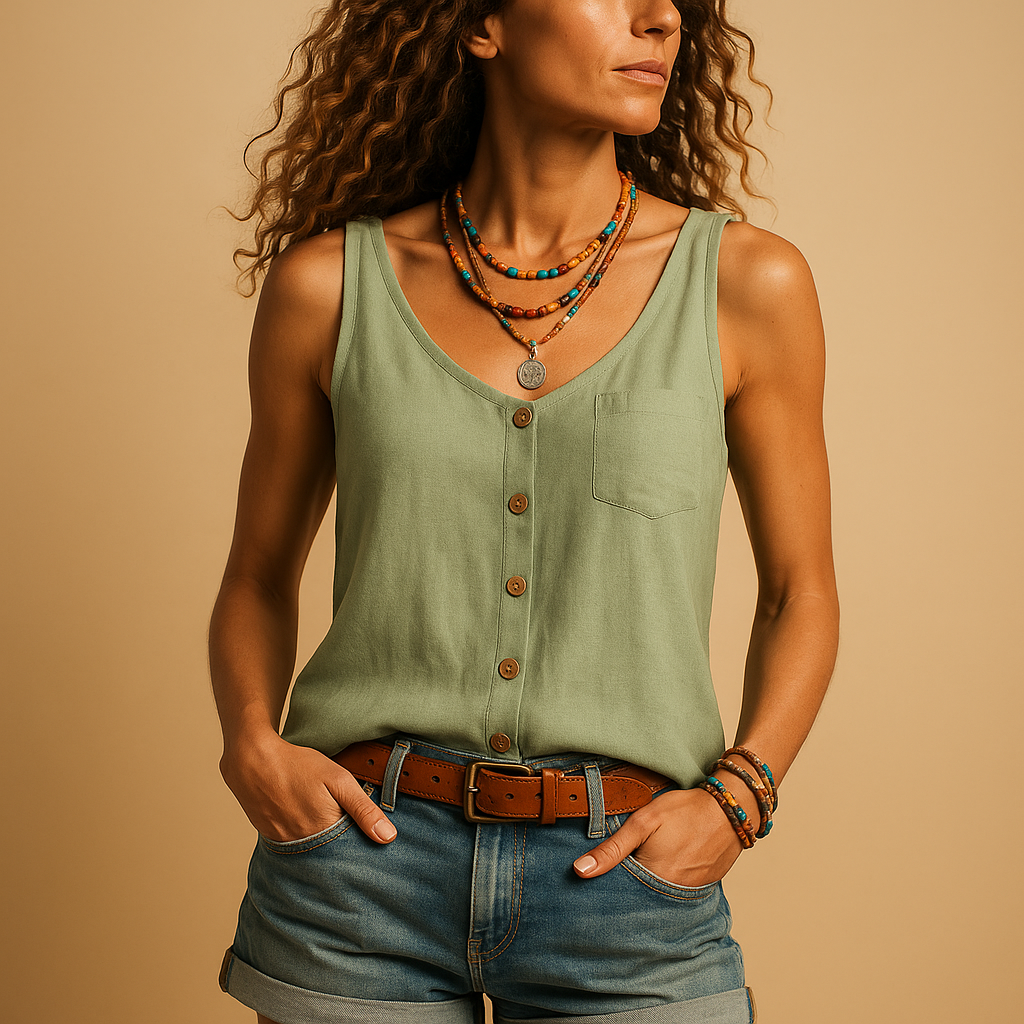 Mouwloze Top Dames | Luchtige V-Hals & Zomers Knoopdetail