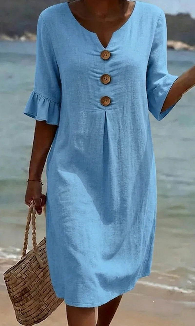 Nora | Dames Midi Jurk Zomer V-hals Volant Vakantie Casual