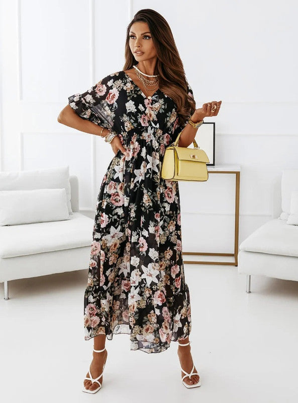 Ada - Women's V-Neck Midi Dress with Floral Pattern - photo 1