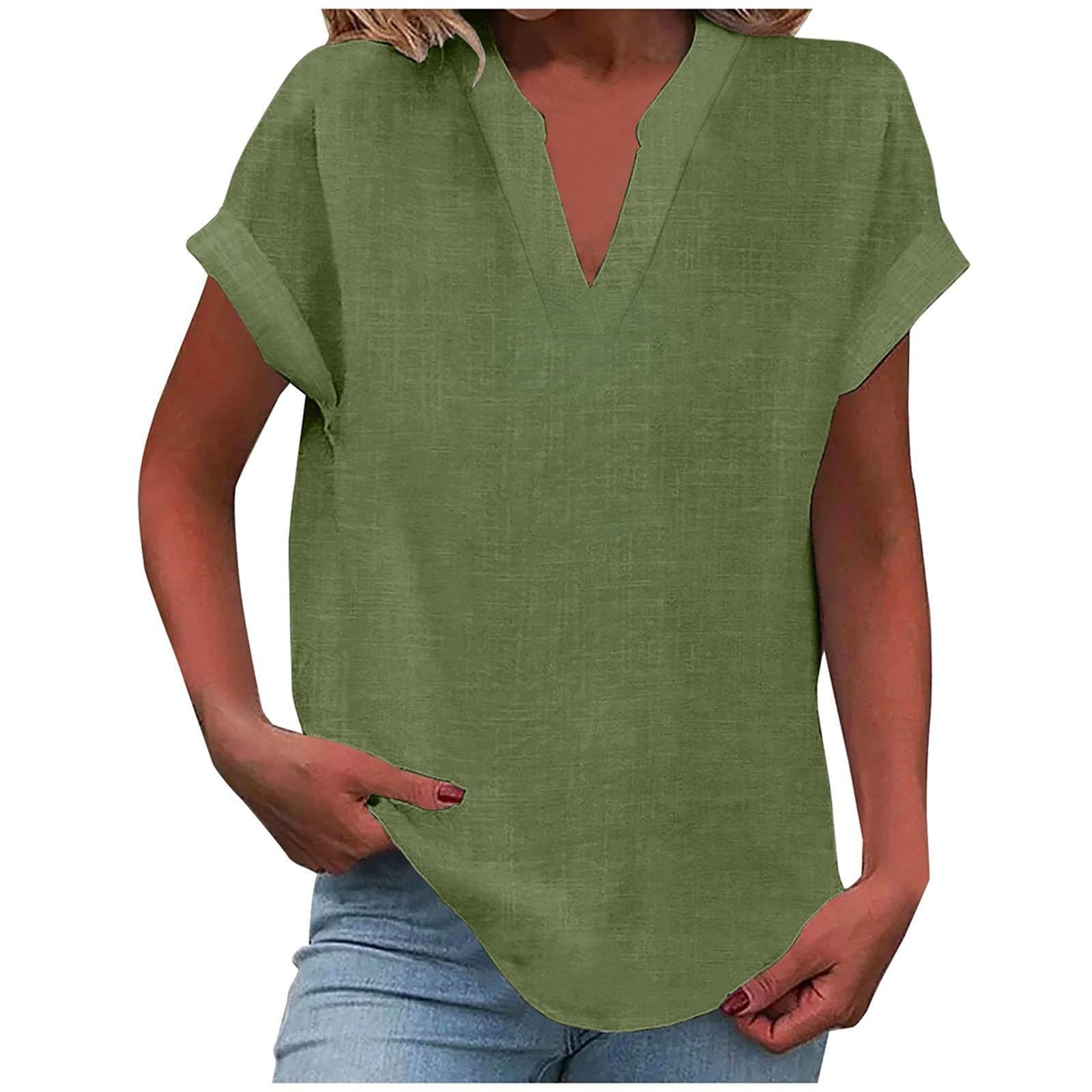 Women's linen-look V neck short sleeve top in army green