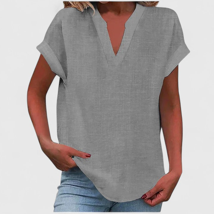 Women's relaxed linen-look V neck top in grey